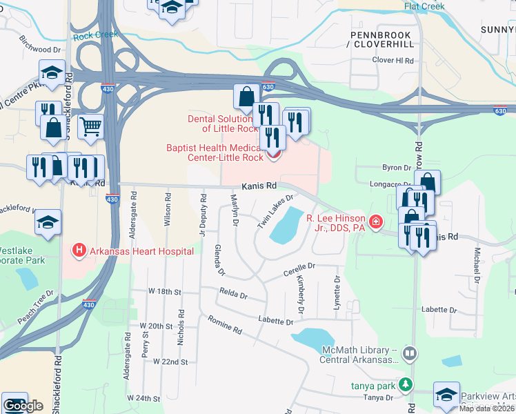 map of restaurants, bars, coffee shops, grocery stores, and more near 1308 Twin Lakes Drive in Little Rock