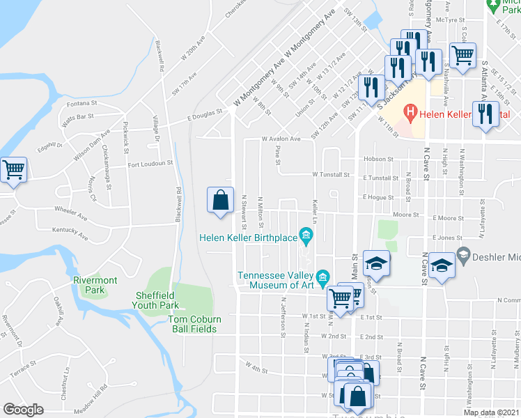 map of restaurants, bars, coffee shops, grocery stores, and more near 801 North Milton Street in Tuscumbia