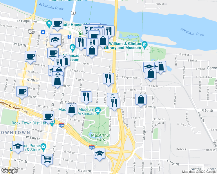 map of restaurants, bars, coffee shops, grocery stores, and more near 600 Interstate 30 in Little Rock