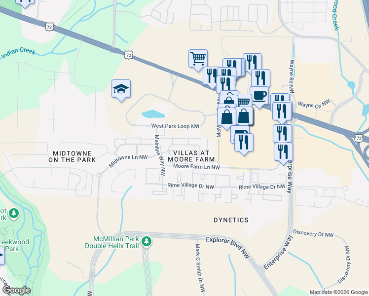 map of restaurants, bars, coffee shops, grocery stores, and more near 2 Northwest Moore Farm Circle in Huntsville