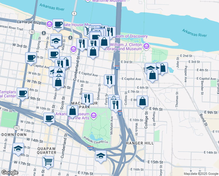 map of restaurants, bars, coffee shops, grocery stores, and more near 600 Interstate 30 in Little Rock