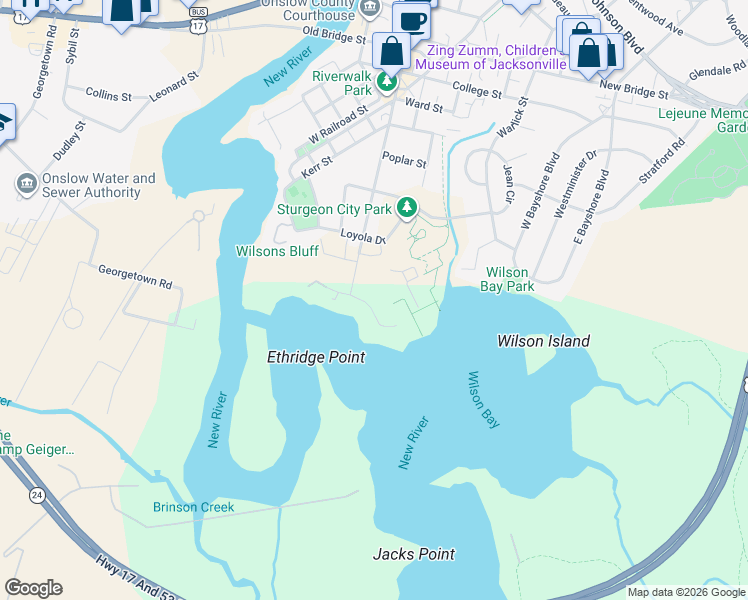 map of restaurants, bars, coffee shops, grocery stores, and more near 86A Shoreline Drive in Jacksonville