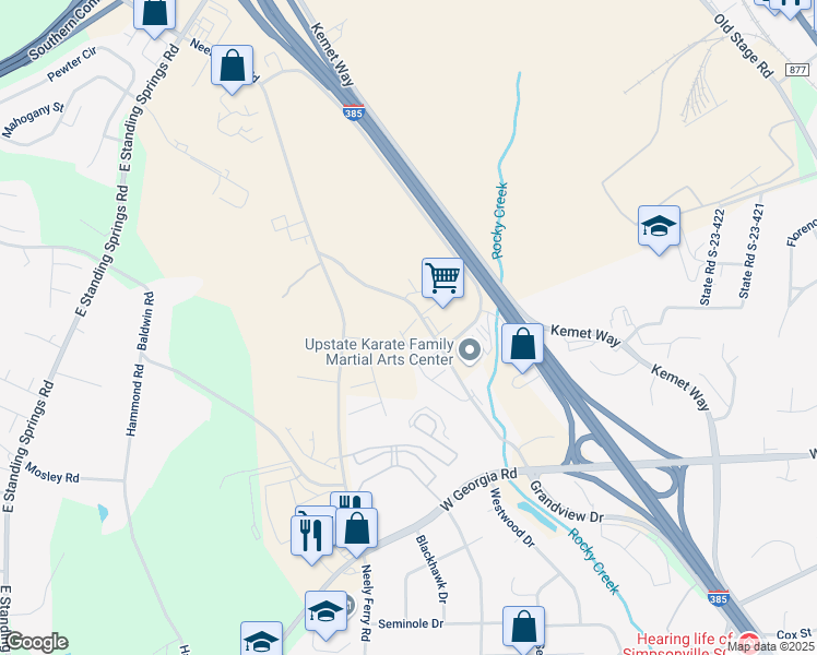 map of restaurants, bars, coffee shops, grocery stores, and more near 115 Hartland Place in Simpsonville
