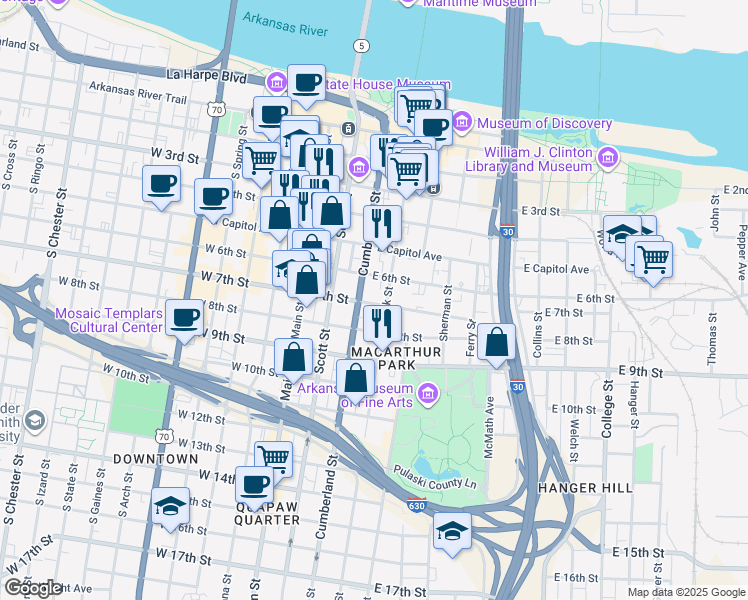 map of restaurants, bars, coffee shops, grocery stores, and more near 700 Rock Street in Little Rock