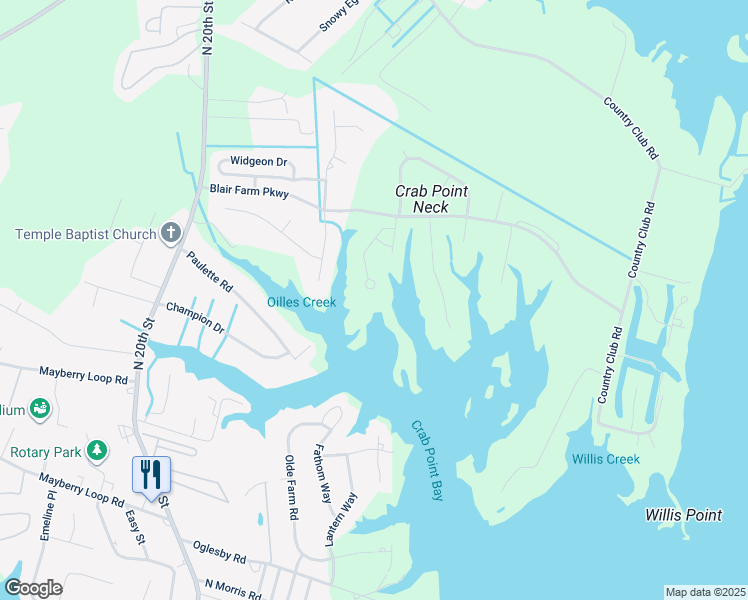 map of restaurants, bars, coffee shops, grocery stores, and more near 2401 Marsh Tern Lane in Morehead City