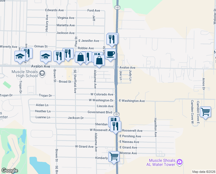 map of restaurants, bars, coffee shops, grocery stores, and more near 101 Wisconsin Avenue in Muscle Shoals