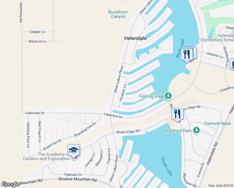 map of restaurants, bars, coffee shops, grocery stores, and more near 26987 Silver Lakes Parkway in Helendale