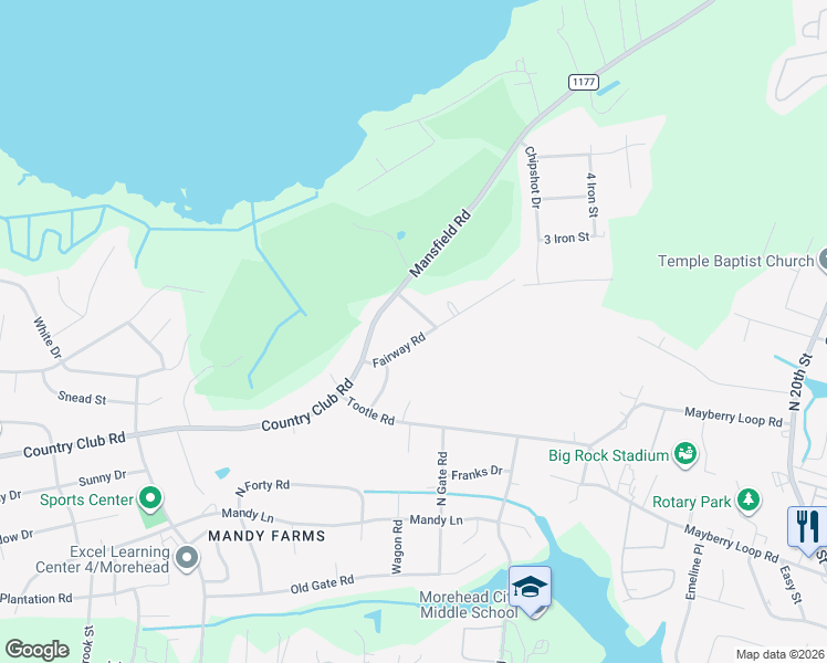 map of restaurants, bars, coffee shops, grocery stores, and more near 3022-3032 Fairway Road in Morehead City
