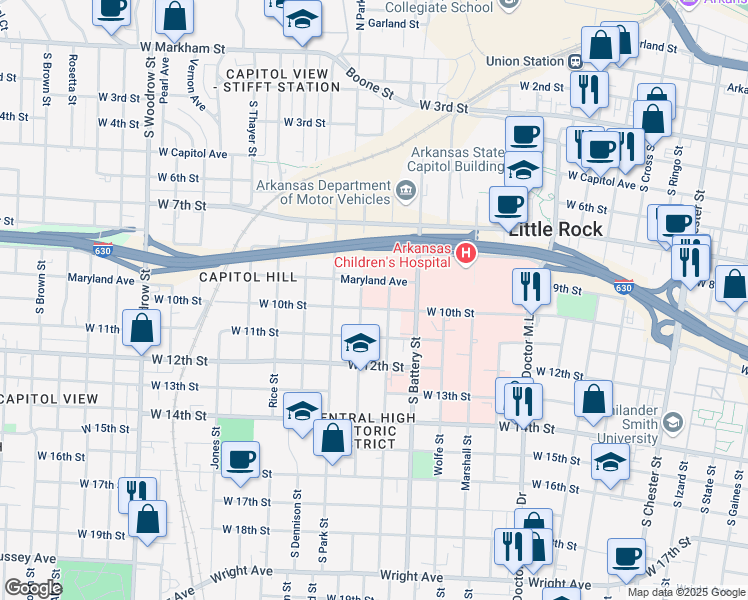map of restaurants, bars, coffee shops, grocery stores, and more near 1000 South Schiller Street in Little Rock