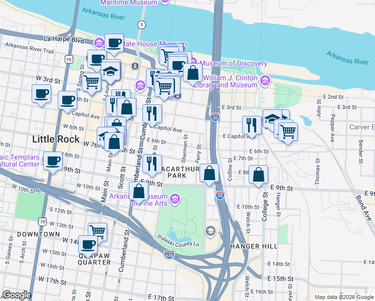 map of restaurants, bars, coffee shops, grocery stores, and more near 605 East 6th Street in Little Rock