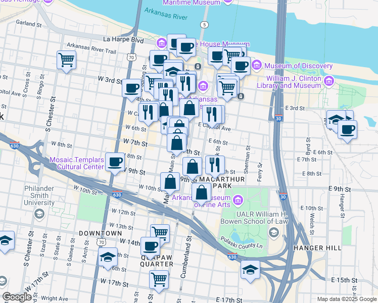 map of restaurants, bars, coffee shops, grocery stores, and more near East 7th Street in Little Rock