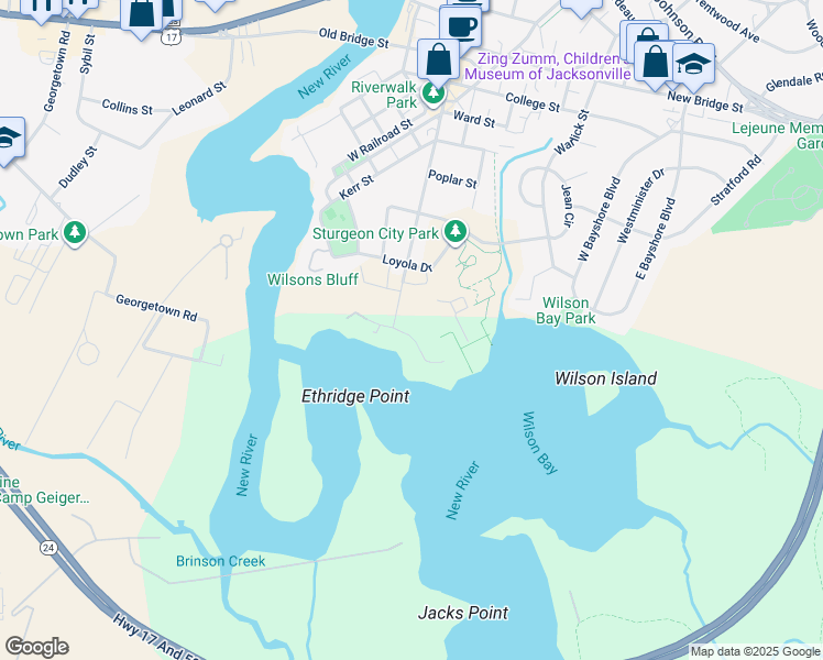 map of restaurants, bars, coffee shops, grocery stores, and more near 97 Shoreline Drive in Jacksonville