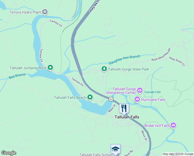 map of restaurants, bars, coffee shops, grocery stores, and more near 201 Gorgeview in Tallulah Falls