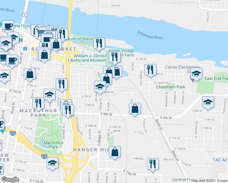 map of restaurants, bars, coffee shops, grocery stores, and more near 1300 East 6th Street in Little Rock