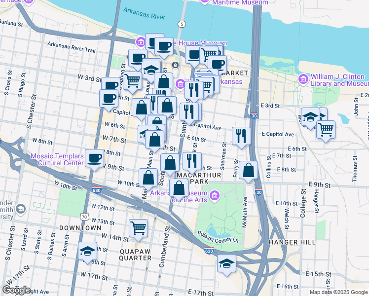 map of restaurants, bars, coffee shops, grocery stores, and more near 700 Rock Street in Little Rock