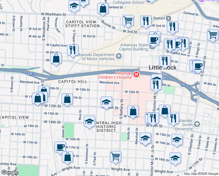 map of restaurants, bars, coffee shops, grocery stores, and more near 1000 South Schiller Street in Little Rock