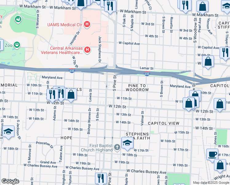 map of restaurants, bars, coffee shops, grocery stores, and more near 1024 South Oak Street in Little Rock