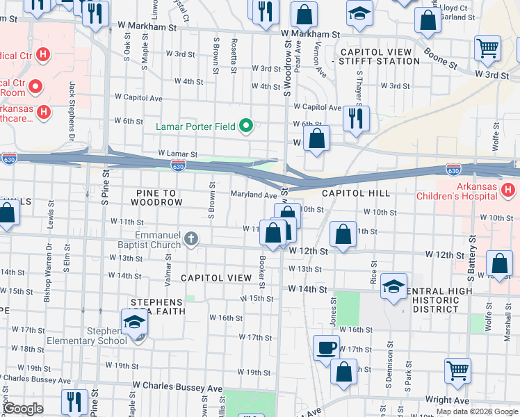map of restaurants, bars, coffee shops, grocery stores, and more near 1012 South Booker Street in Little Rock