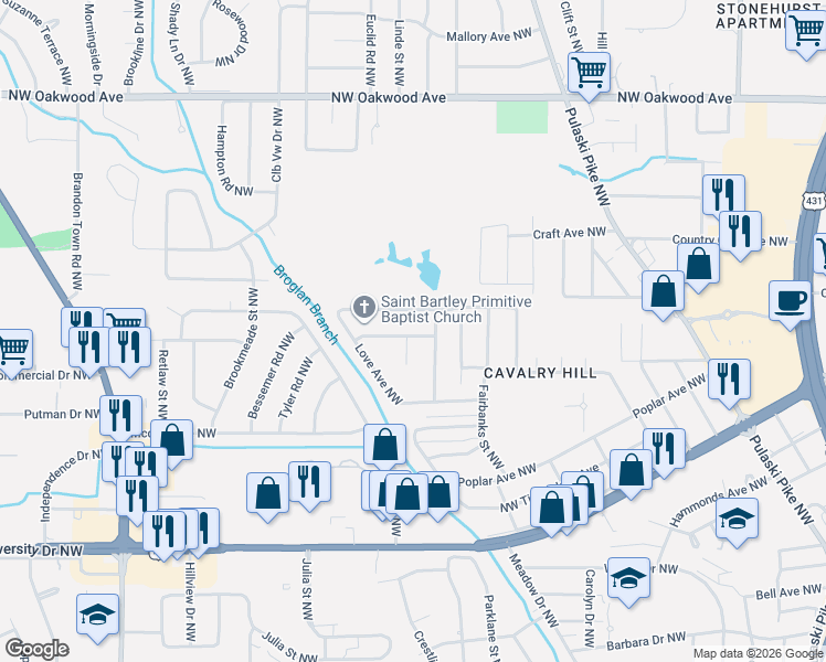 map of restaurants, bars, coffee shops, grocery stores, and more near 3003 Belafonte Avenue Northwest in Huntsville