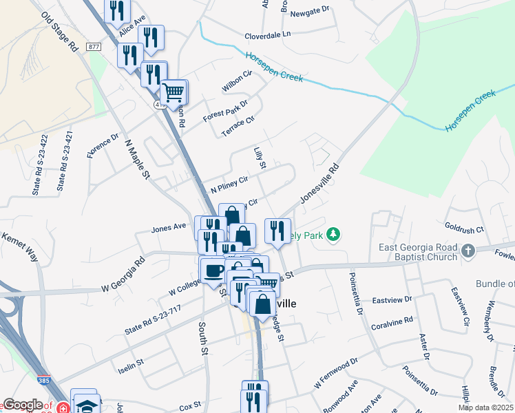 map of restaurants, bars, coffee shops, grocery stores, and more near 201 Jonesville Road in Simpsonville