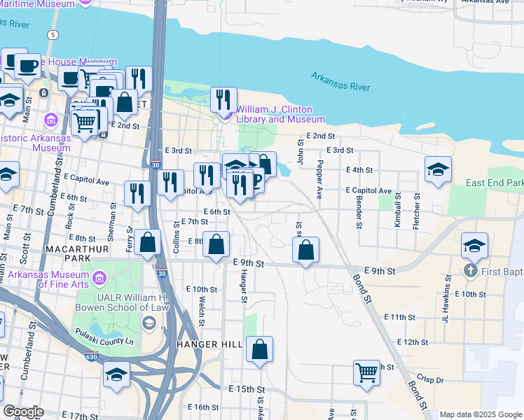 map of restaurants, bars, coffee shops, grocery stores, and more near 1300 East 6th Street in Little Rock