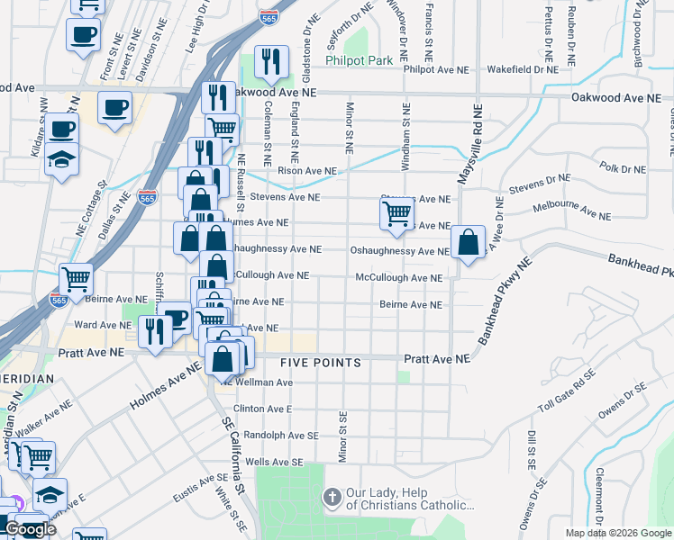 map of restaurants, bars, coffee shops, grocery stores, and more near 1212 McCullough Avenue Northeast in Huntsville