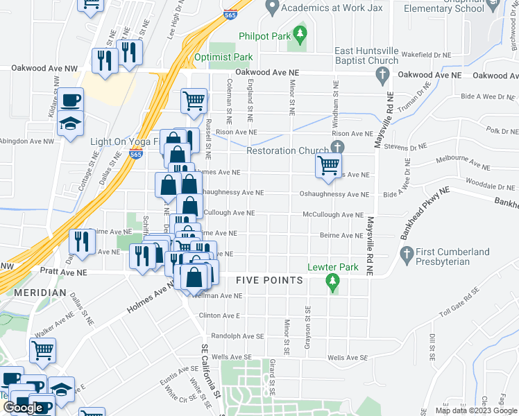 map of restaurants, bars, coffee shops, grocery stores, and more near 1113 McCullough Avenue Northeast in Huntsville