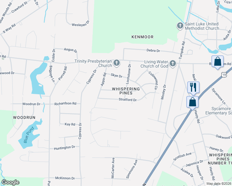 map of restaurants, bars, coffee shops, grocery stores, and more near 12801 Stratford Drive in Laurinburg