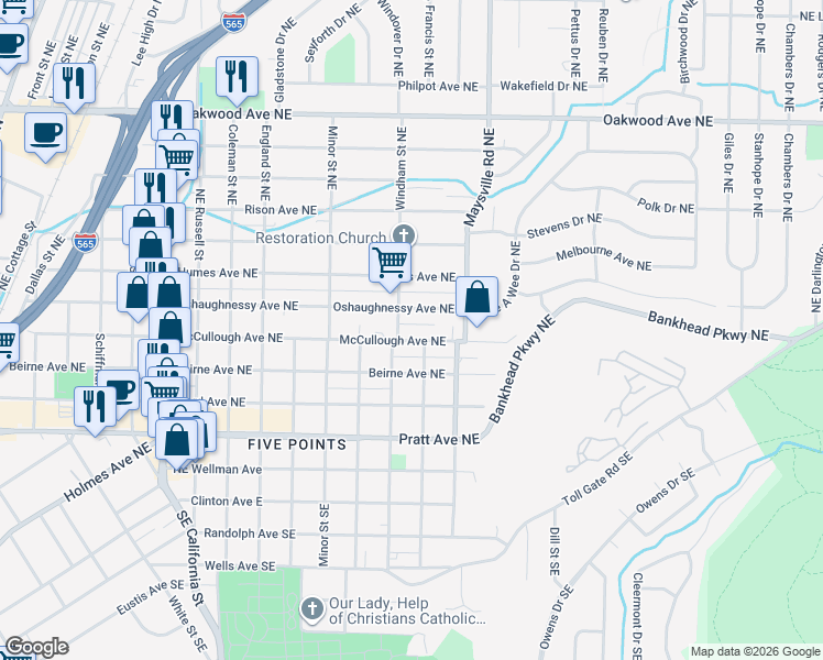 map of restaurants, bars, coffee shops, grocery stores, and more near 1604 McCullough Avenue Northeast in Huntsville