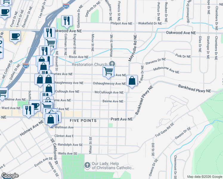 map of restaurants, bars, coffee shops, grocery stores, and more near 1422 McCullough Avenue Northeast in Huntsville