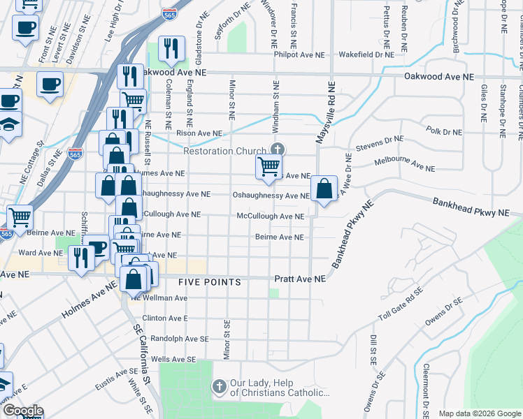 map of restaurants, bars, coffee shops, grocery stores, and more near 1422 McCullough Avenue Northeast in Huntsville