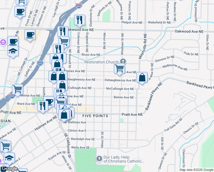 map of restaurants, bars, coffee shops, grocery stores, and more near 1318 McCullough Avenue Northeast in Huntsville