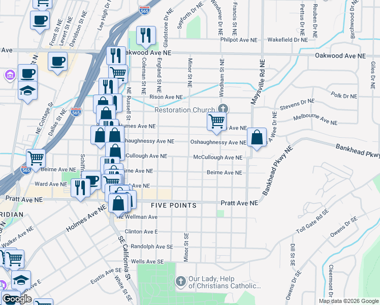map of restaurants, bars, coffee shops, grocery stores, and more near 1318 McCullough Avenue Northeast in Huntsville