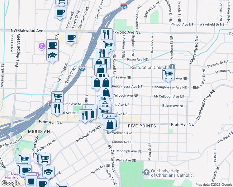 map of restaurants, bars, coffee shops, grocery stores, and more near 714 McCullough Avenue Northeast in Huntsville