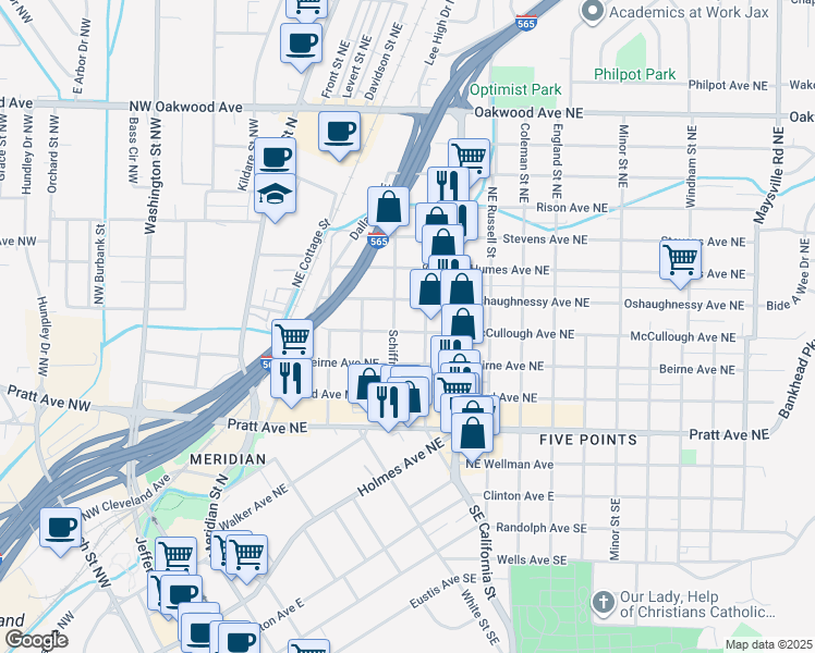 map of restaurants, bars, coffee shops, grocery stores, and more near 508 McCullough Avenue Northeast in Huntsville
