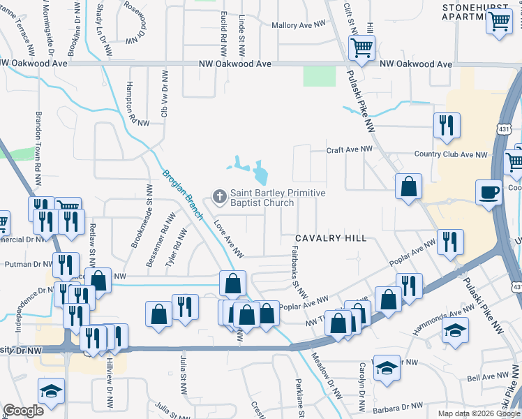 map of restaurants, bars, coffee shops, grocery stores, and more near 3003 Belafonte Avenue Northwest in Huntsville