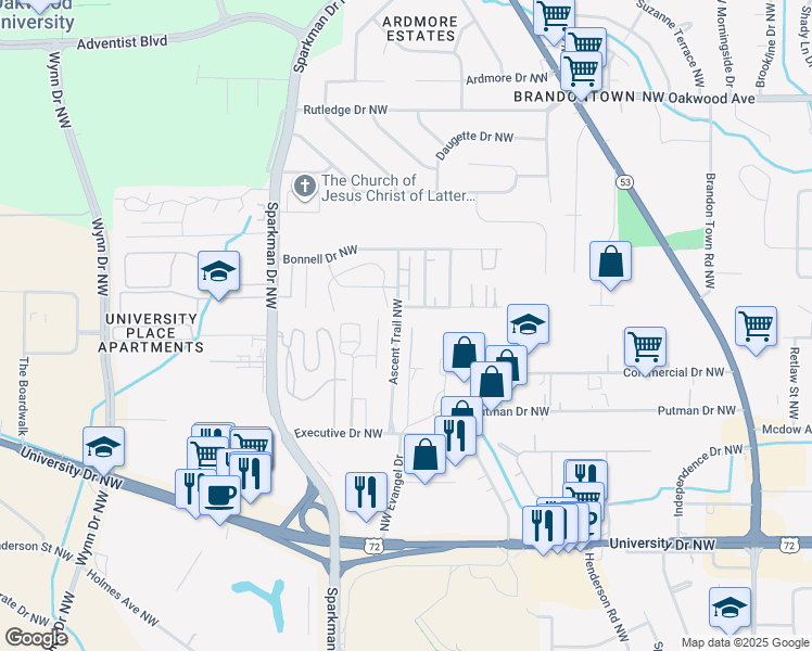 map of restaurants, bars, coffee shops, grocery stores, and more near in Huntsville