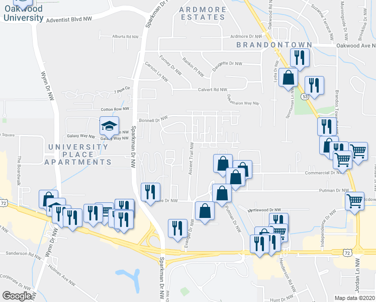 map of restaurants, bars, coffee shops, grocery stores, and more near in Huntsville