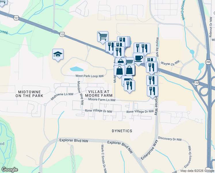 map of restaurants, bars, coffee shops, grocery stores, and more near 1101 McMurtrie Drive Northwest in Huntsville