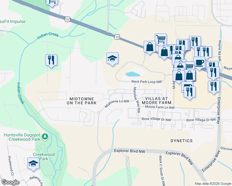 map of restaurants, bars, coffee shops, grocery stores, and more near 6329 Midtowne Lane Northwest in Huntsville