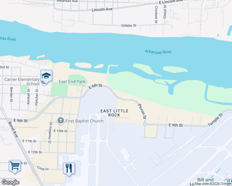 map of restaurants, bars, coffee shops, grocery stores, and more near 3100-3108 East 6th Street in Little Rock
