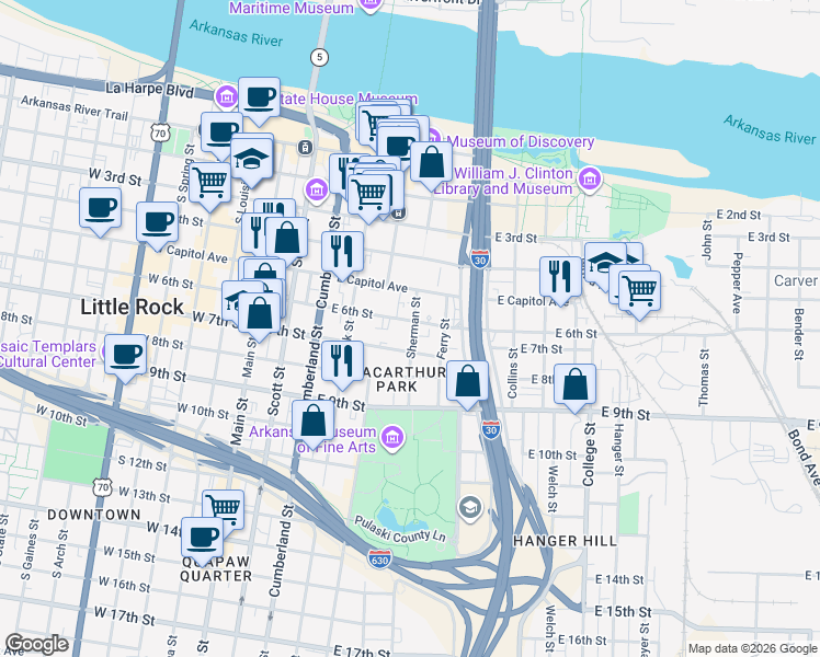 map of restaurants, bars, coffee shops, grocery stores, and more near 623 Sherman Street in Little Rock