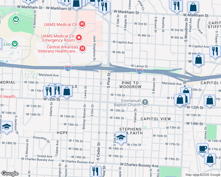 map of restaurants, bars, coffee shops, grocery stores, and more near 1024 South Oak Street in Little Rock
