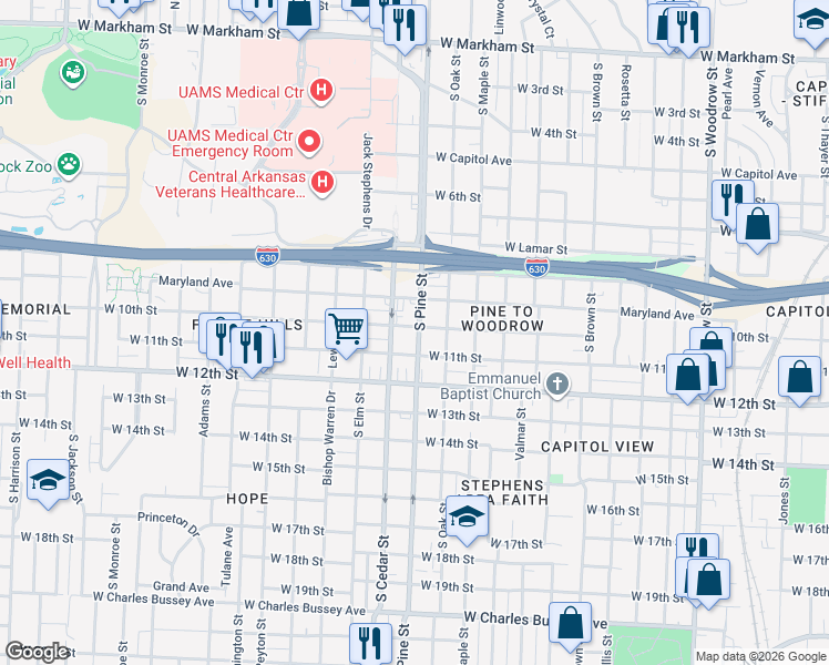 map of restaurants, bars, coffee shops, grocery stores, and more near 3918 West 11th Street in Little Rock