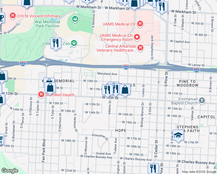map of restaurants, bars, coffee shops, grocery stores, and more near 4601 West 11th Street in Little Rock