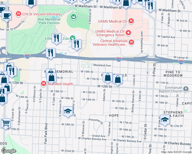 map of restaurants, bars, coffee shops, grocery stores, and more near 4707 West 11th Street in Little Rock