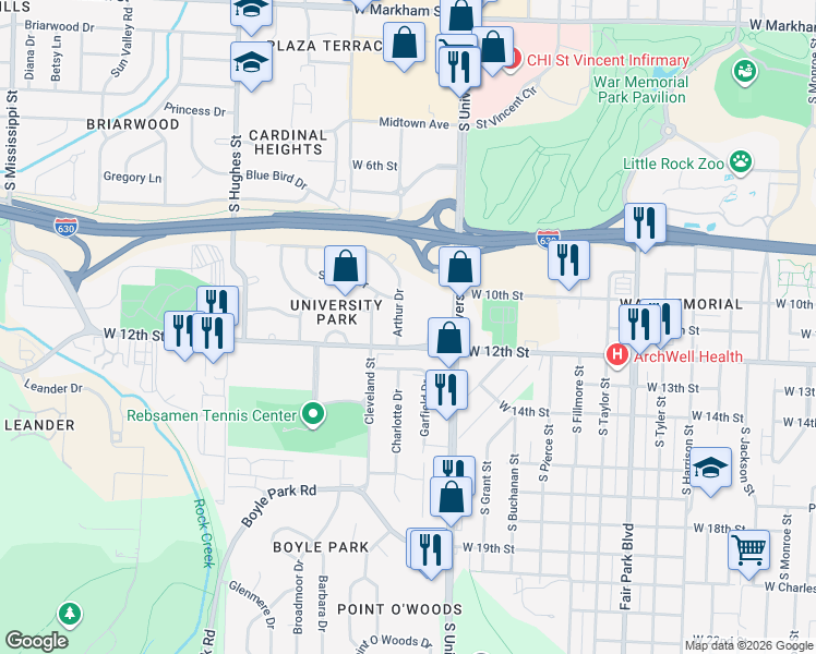 map of restaurants, bars, coffee shops, grocery stores, and more near 6100 West 12th Street in Little Rock