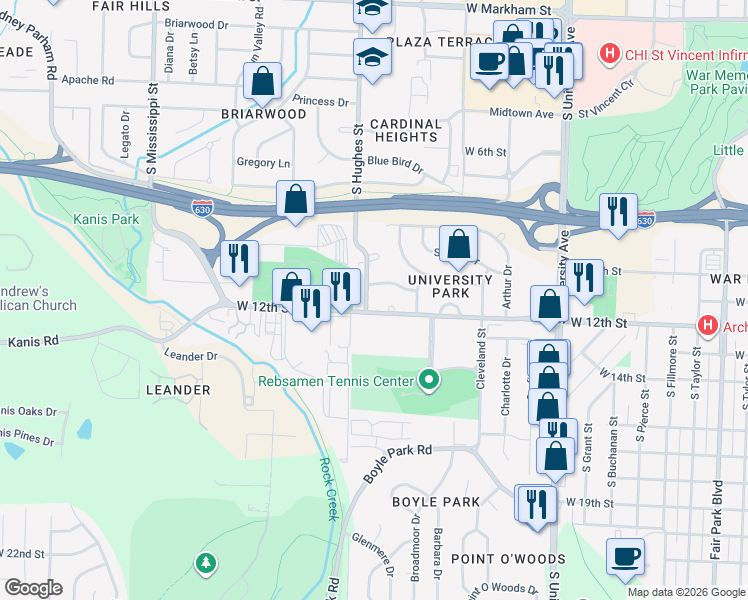 map of restaurants, bars, coffee shops, grocery stores, and more near 6501 West 12th Street in Little Rock