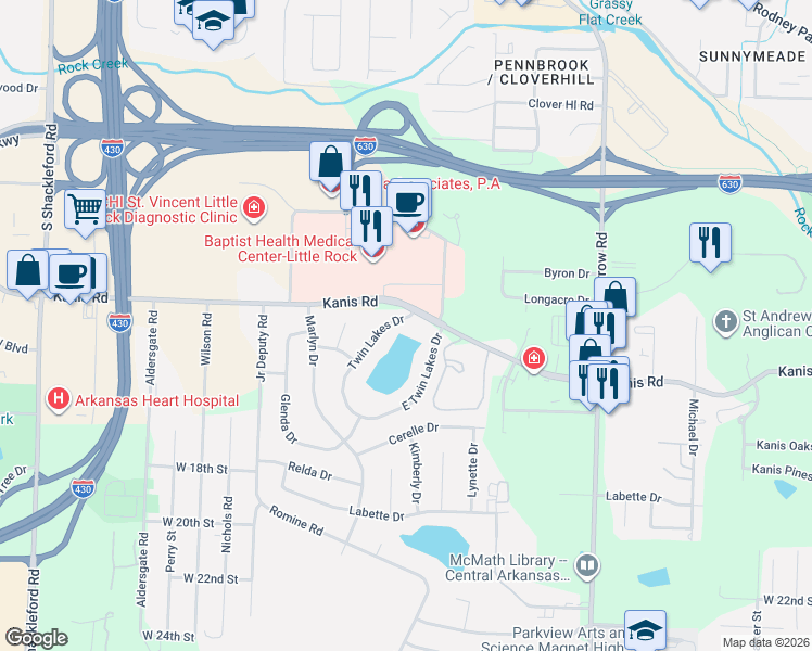 map of restaurants, bars, coffee shops, grocery stores, and more near 1301 Twin Lakes Drive in Little Rock