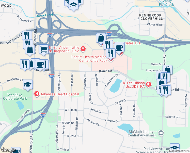 map of restaurants, bars, coffee shops, grocery stores, and more near 1223 Marlyn Drive in Little Rock